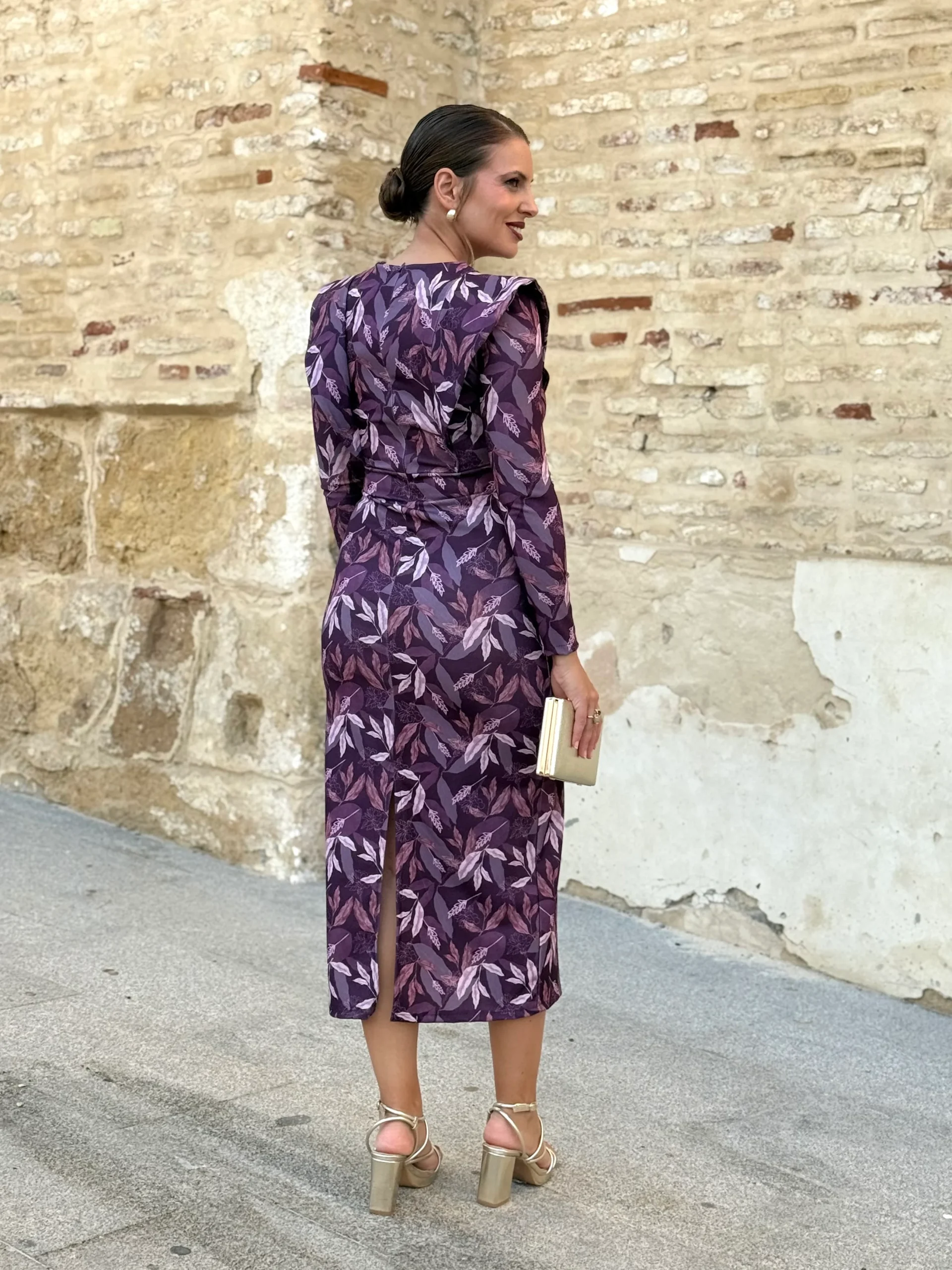 Vestido Midi Morado Estampado Hojas - Imagen 6