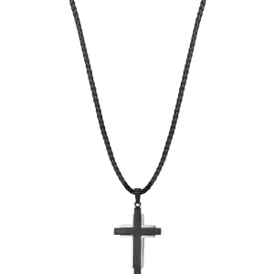 Collar Cuero Negro Cruz Acero Ip Negro Sr Fn