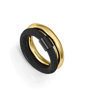 Anillo Acero Ip Dorado Y Negro Dobl Sra Fshn