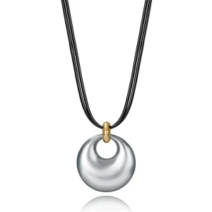 Collar Acero Ip Piel Negra Sra Fashion