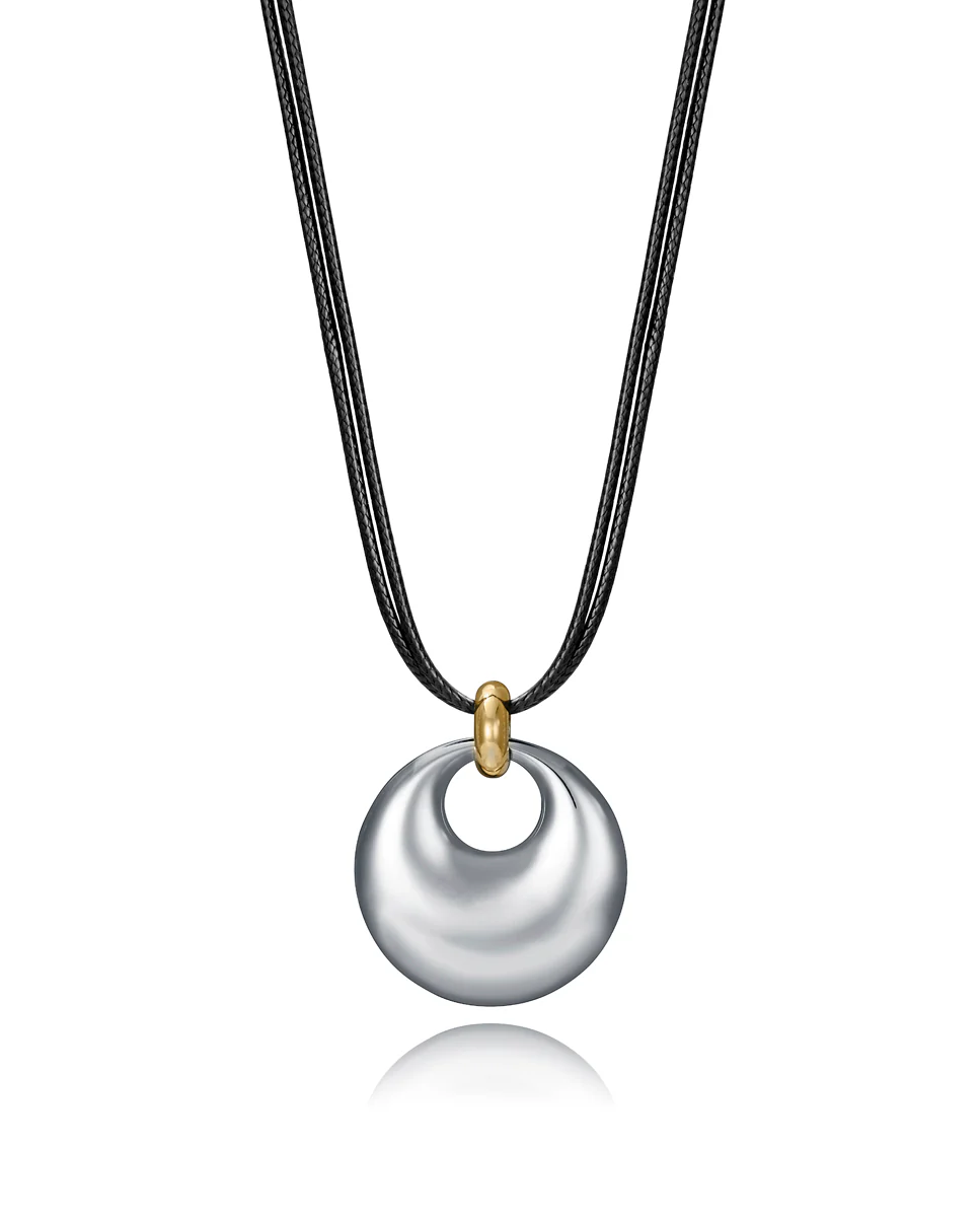 Collar Acero Ip Piel Negra Sra Fashion