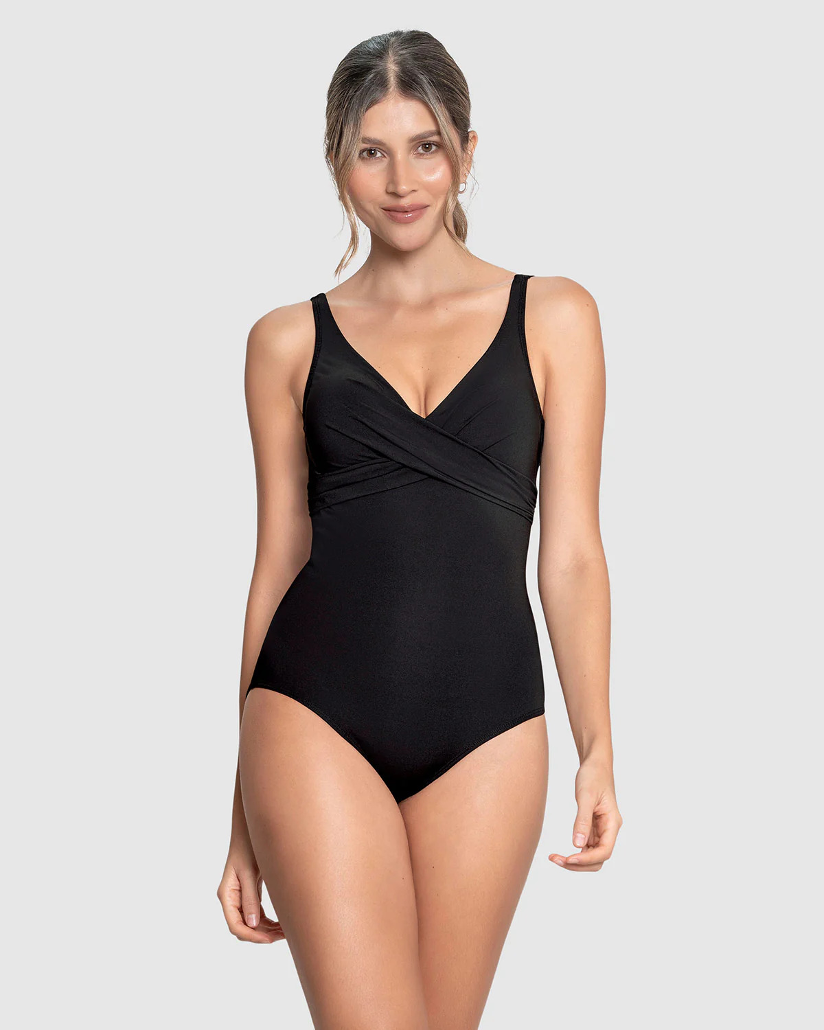 Traje de baño de control suave de abdomen con drapeado en escote