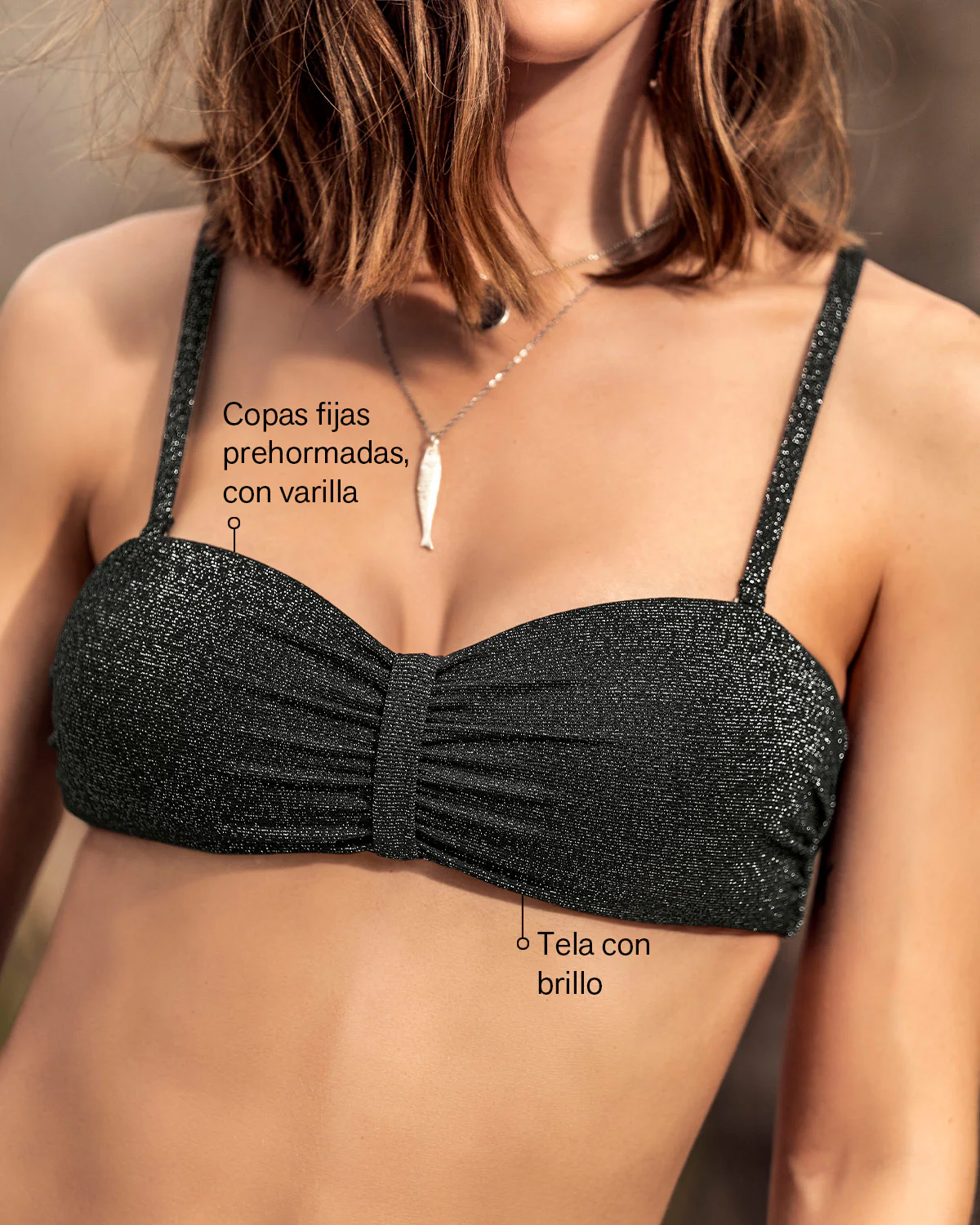 Bikini en tela brillante strapless y calz贸n de laterales anchos - Imagen 3