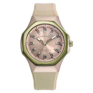 Reloj Aluminio Beige Y Acero Ip Verde Correa Sra