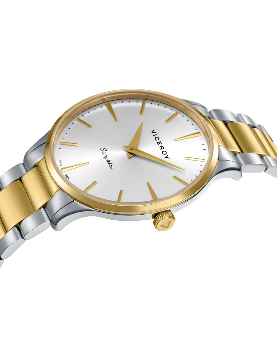 Reloj Acero Ip Dorado Brazalete Zafiro Swiss Made - Imagen 4