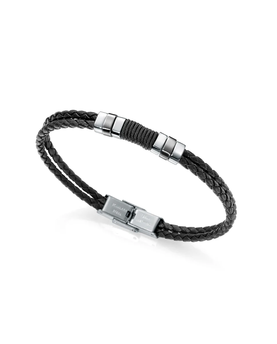 Pulsera Piel Doble Trenzada Fina Y Acero S F