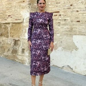 Vestido Midi Morado Estampado Hojas