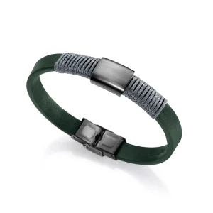 Pulsera Piel Verde  Cordon Gris Y Acero Sr Fn