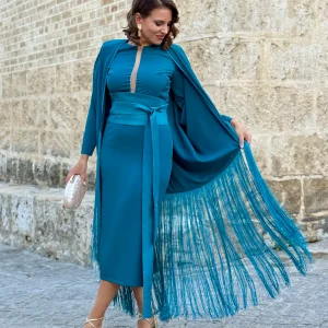 Vestido Andalus Turquesa con Capa de Flecos