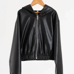 Campera de Cuero Zenda con capucha Negra