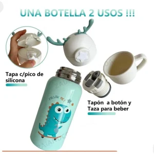Botella térmica Acero Inoxidable con sorbete, tapón, taza  y funda Dinosaurio 500 ml